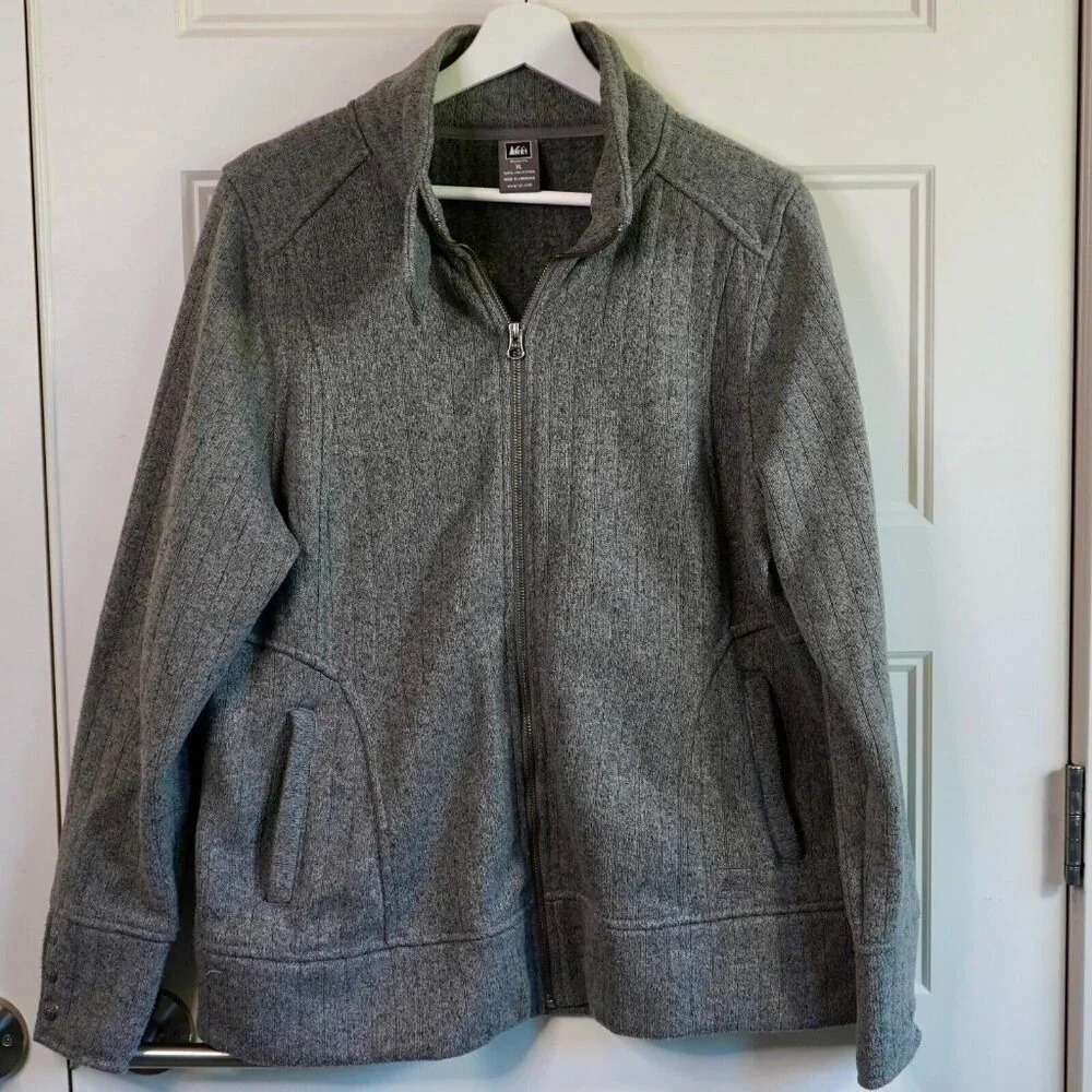 REI Jacket Womens XL Full Zip‎ Snap Button Mock Collar Gray Sweater Ribbed